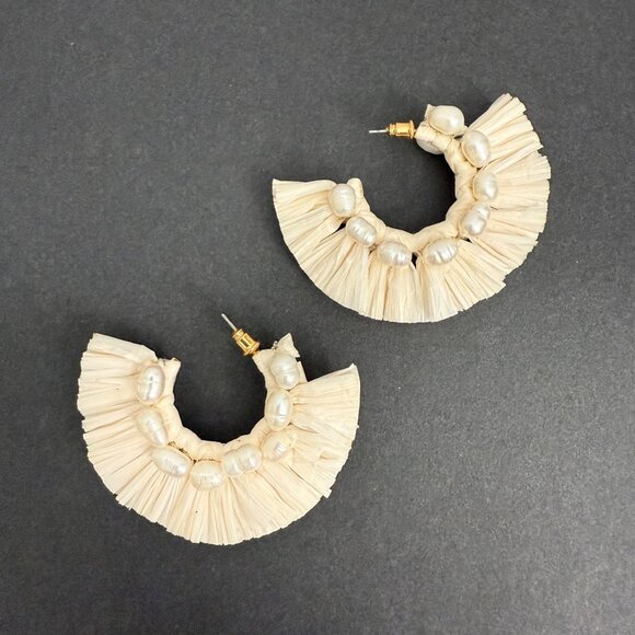 Anthropologie Raffia & Freshwater Pearl Statement Hoop Earrings Boho - Picture 2 of 8